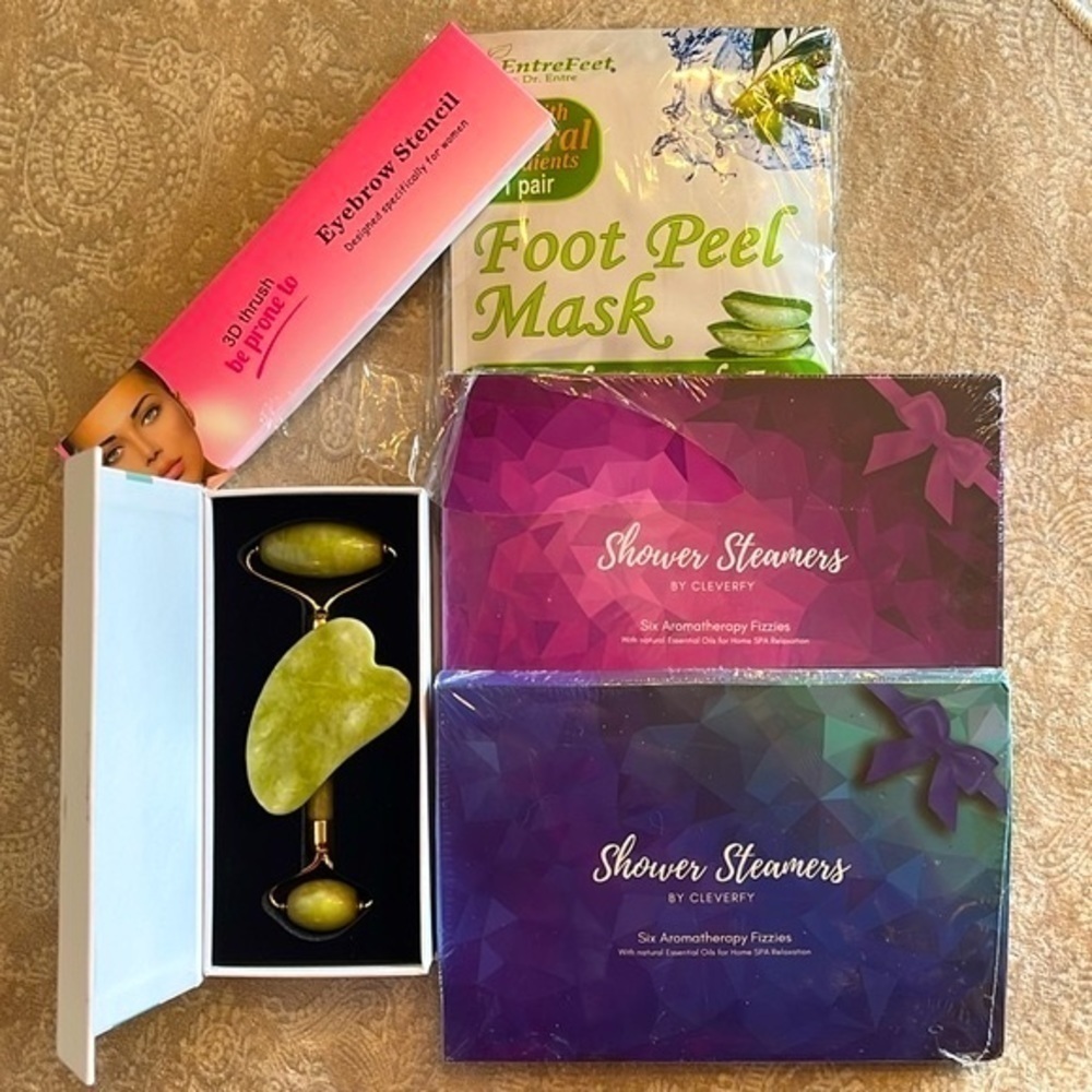 Brand New Spa Bundle Shower Steamers Foot Peel Masks Jade Roller Eyebrow Stencil